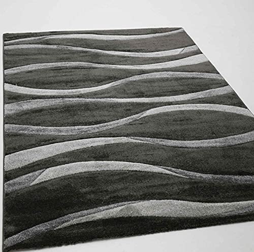 VIMODA Teppich Modern Wellenmuster Wohnzimmer Konturenschnitt in Grau Anthrazit Braun Beige, Farbe:Anthrazit, Maße:200x290 cm von VIMODA
