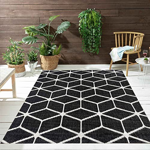 VIMODA Teppich Rauten Muster In- und Outdoor Tauglich Robuster Flachgewebe 100% Polypropylen Schwarz, Maße:200x280 cm von VIMODA