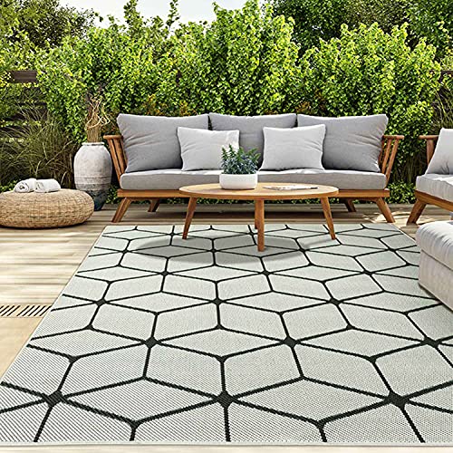 VIMODA Teppich Rauten Muster In- und Outdoor Tauglich Robuster Flachgewebe 100% Polypropylen Weiß, Maße:60x100 cm von VIMODA