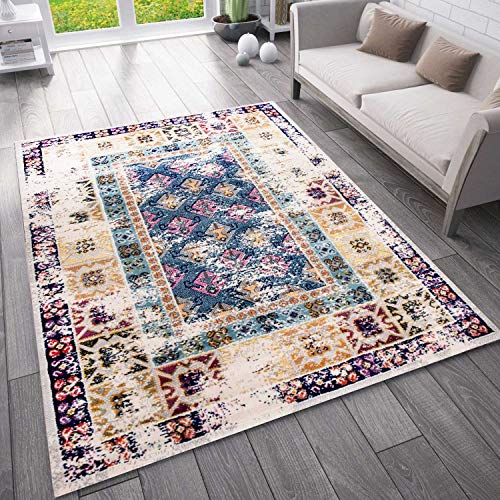 VIMODA Teppich Vintage Orient Wohnzimmer Kurzflor Blau Terra Creme, Maße:120x170 cm von VIMODA