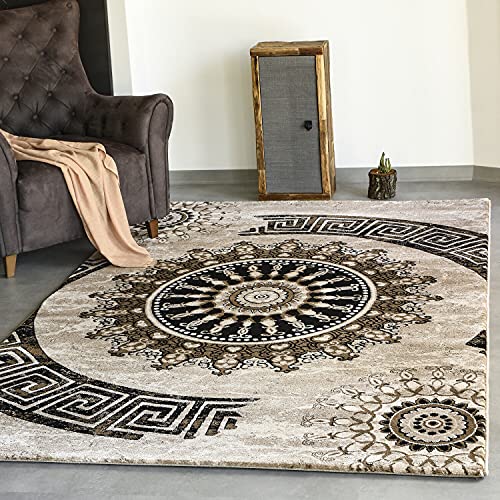 VIMODA Teppich kurzflor Klassisch Orient Design Vintage Mandala Dunkelbraun Braun Beige, für Wohnzimmer, Schlafzimmer, Maße:80 x 150 cm von VIMODA