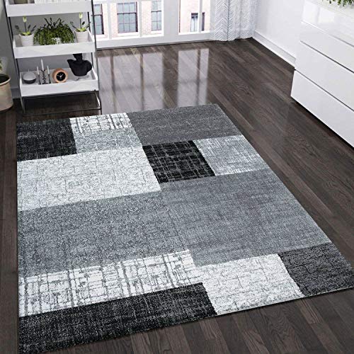 VIMODA Teppich Wohnzimmer Kurzflor Designer Teppiche in Schwarz Grau Weiß Kachel-Optik Kariert Pflegeleicht, Maße:80x300 cm von VIMODA