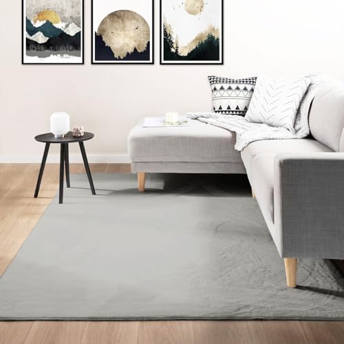 VIMODA Teppich Wohnzimmer Schlafzimmer Fellteppich, kurzflorig - waschbar und Fußbodenheizung geeignet, Farbe:Grau, Maße:200x280 cm von VIMODA