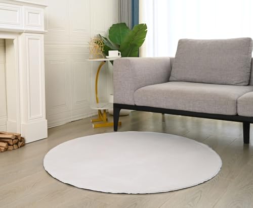VIMODA Teppich Wohnzimmer Schlafzimmer Fellteppich, kurzflorig - waschbar und Fußbodenheizung geeignet, Farbe:Creme, Maße:Ø 80 cm Rund von VIMODA
