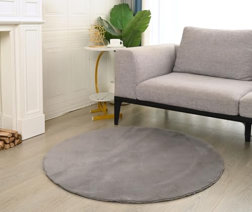 VIMODA Teppich Wohnzimmer Schlafzimmer Fellteppich, kurzflorig - waschbar und Fußbodenheizung geeignet, Farbe:Grau, Maße:Ø 120 cm Rund von VIMODA