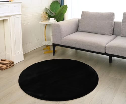 VIMODA Teppich Wohnzimmer Schlafzimmer Fellteppich, kurzflorig - waschbar und Fußbodenheizung geeignet, Farbe:Schwarz, Maße:Ø 80 cm Rund von VIMODA