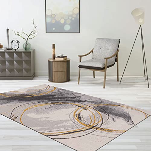 VIMODA Teppich Wohnzimmer Schlafzimmer Flur Teppich Kurzflor Kreisel Muster in Gelb Creme, Maße:160x220 cm von VIMODA