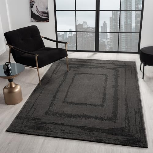 VIMODA Teppich Wohnzimmer Schlafzimmer Modern Hoch&Tief Bordüre Qualitativ 3D Effekt, Farbe:Anthrazit, Maße:200x290 cm von VIMODA