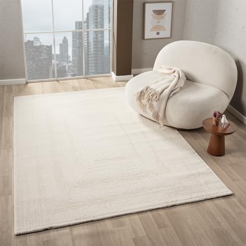 VIMODA Teppich Wohnzimmer Schlafzimmer Modern Hoch&Tief Bordüre Qualitativ 3D Effekt, Farbe:Creme, Maße:120x170 cm von VIMODA