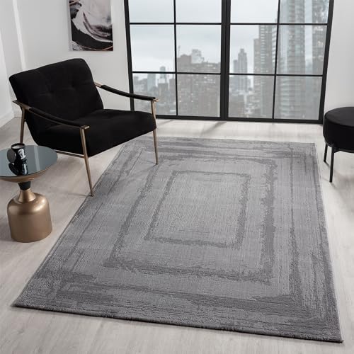 VIMODA Teppich Wohnzimmer Schlafzimmer Modern Hoch&Tief Bordüre Qualitativ 3D Effekt, Farbe:Grau, Maße:80x150 cm von VIMODA