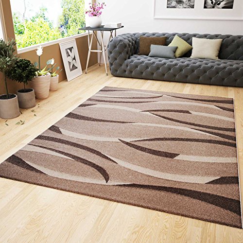 VIMODA Moderner Teppich Design in Beige Braun mit Wellen Muster Konturen Rillen 80x150 cm von VIMODA