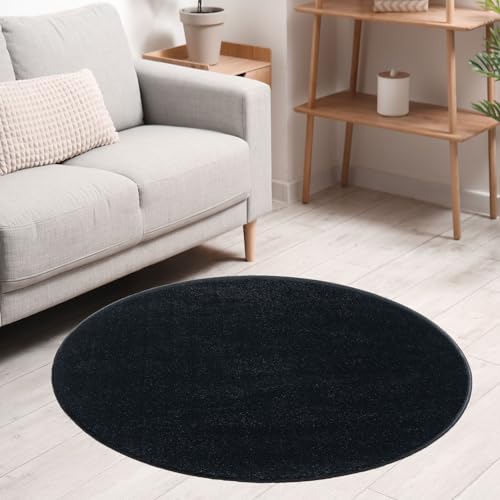 VIMODA Teppich rund Wohnzimmer Kurzflor Einfarbig für Schlafzimmer kinderzimmer weich Rund, Farbe:Schwarz, Size:120 cm Round von VIMODA