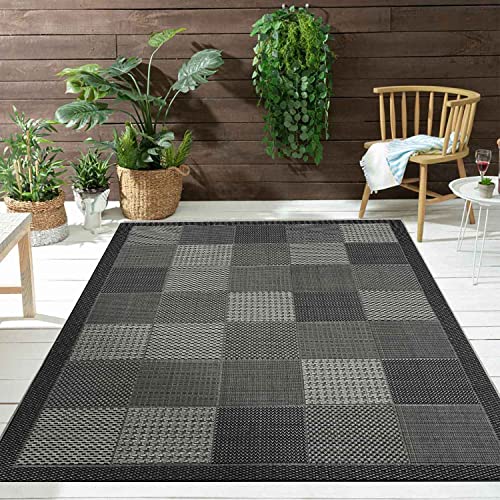 VIMODA Teppiche In- und Outdoor Flachgewebe Terrasse Balkon Kacheloptik Grau Anthrazit, Farbe:Anthrazit, Maße:160x220 cm von VIMODA