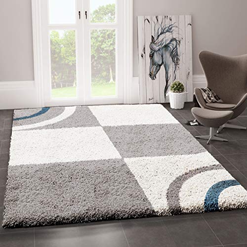 VIMODA Wohnzimmer Teppich Hochflor Shaggy Deko kariert Streifen Turkis Creme Grau Pflegeleicht Modern, Maße:80 x 150 cm von VIMODA