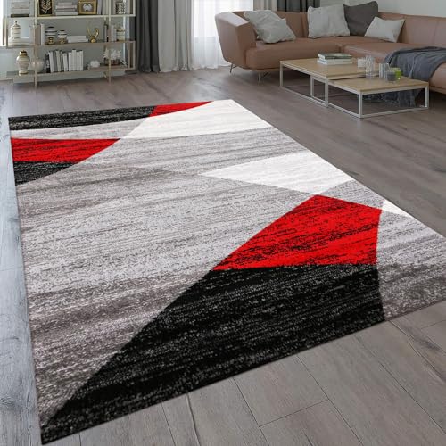 VIMODA Teppich Geometrisches Muster Meliert in Rot Grau Weiß Schwarz Kurzflor Wohnzimmer, Maße:80 x 150 cm von VIMODA