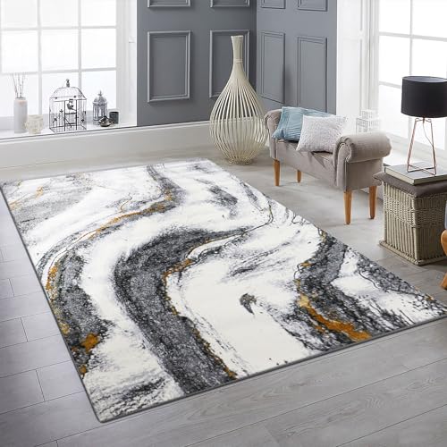 VIMODA Wohnzimmer Teppich mit Marmor-Optik in Grau und Gold Tönen Glanz Modern, Maße:80x150 cm von VIMODA