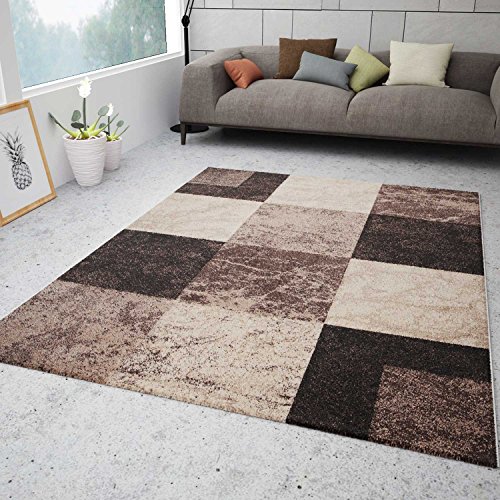 Wohnzimmer Teppich Kurzflor Kariert Braun Beige Meliert Konturenschnitt 80x150 cm von VIMODA