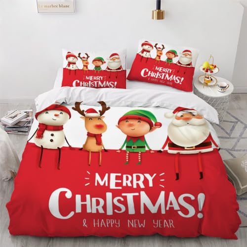 Bettwäsche 135x200 Weihnachten 3D Bettwäsche Set 3teilig für Kinder Jungen Mädchen Weihnachtsmann, Cartoon 100% Mikrofaser Weich Teenager Bettbezug mit Reißverschluss und 2 Kissenbezüge 80x80 Winter von VIMOOR