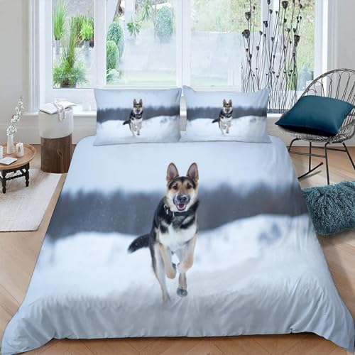 Deutscher Schäferhund Bettwäsche Set 135x200cm Kinder Jungen Mädchen Hund, Tier Bettbezug mit Reißverschluss und 2 Kissenbezüge 80x80cm 3D Weich Mikrofaser jugendliche Bettbezüge 3teilig Winter von VIMOOR