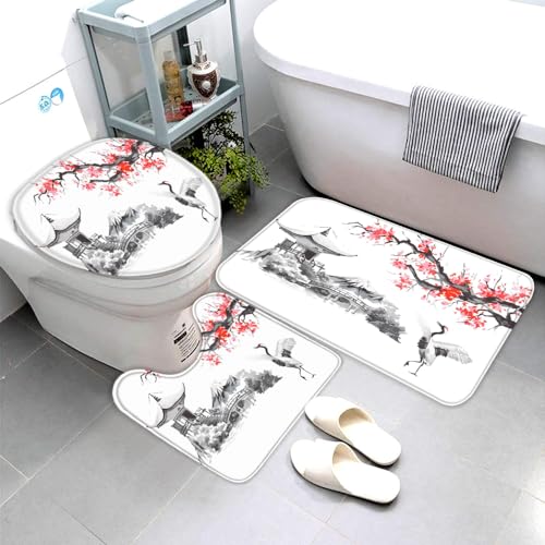 Japan Kirschblüten Badezimmerteppich Landschaft Badematte Rutschfest 3-teiliges Weiche Mikrofaser Badvorleger Schnelltrocknende Absorbierender Badteppich Waschbar Duschvorleger Bath Mat,50 x 80 cm von VIMOOR
