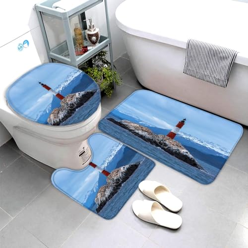 Leuchtturm Badezimmerteppich Natürliche Landschaft Badematte Rutschfest 3-teiliges Weiche Mikrofaser Badvorleger Schnelltrocknende Absorbierender Badteppich Waschbar Duschvorleger Bath Mat,50 x 80 cm von VIMOOR