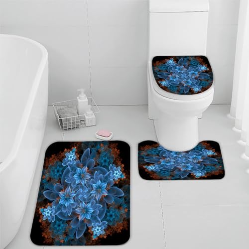 VIMOOR Blumen Badezimmerteppich Blau Badematte rutschfest 3-teiliges Weiche Mikrofaser Badvorleger Schnelltrocknende Absorbierender Badteppich Waschbar Duschvorleger Bath Mat,50 x 80 cm von VIMOOR