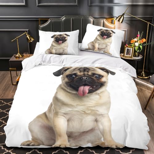 VIMOOR Mops Bettwäsche Set 155x220cm Kinder Jungen Mädchen Hund Tier Bettbezug mit Reißverschluss und 2 Kissenbezüge 80x80cm 3D Weich Mikrofaser Jugendliche Bettbezüge 3teilig Winter von VIMOOR