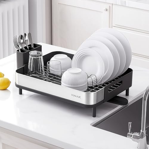VINAK - Abtropfgestell - Abtropfgestell für Teller | Edelstahl | schwenkbarer Ablauf + Besteckkorb | Tragegriffe zum Transportieren / Aufbewahren | rutschfeste Gummifüße | 42 x 32 x 11 cm von VINAK