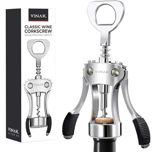 VINAK - Klassischer Flügelkorkenzieher | Einfach zu verwendender Weinöffner mit Bierflaschenöffner | Ergonomisches und widerstandsfähiges Design aus Chromstahl | Gummigriffe und gedrehte Spirale von VINAK