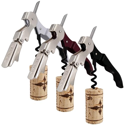 VINAK – Packung mit 3 professionellen ECO Kellnerkorkenziehern aus Edelstahl mit Flaschenöffner + doppelter Gelenkhalterung + Kapselschneidermesser und teflonbeschichteter Spirale von VINAK
