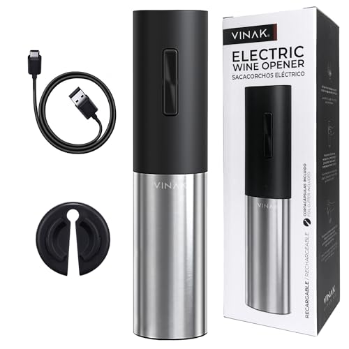 VINAK Wiederaufladbarer elektrischer Korkenzieher aus Edelstahl. Inklusive integriertem Akku, USB - C Kabel, Kapselschneider und teflonbeschichteter Spirale. Modernes Design. von VINAK
