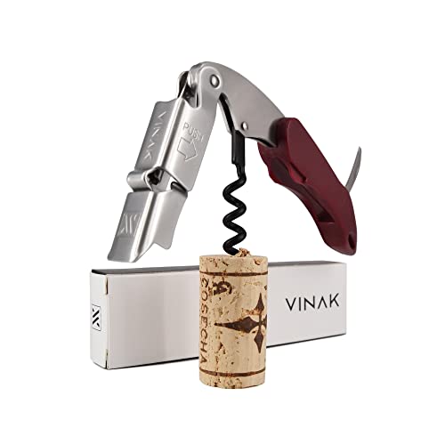 VINAK - XPERT professioneller Kellnerkorkenzieher aus Edelstahl mit doppelter Gelenkhalterung + Flaschenöffner + Kapselschneidermesser und teflonbeschichteter Spirale (Bordeaux) von VINAK