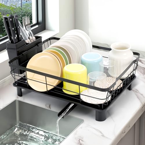 VINATO Abtropfgestell Geschirr mit Abtropfschale – Dish Drying Rack, Spülablage Organizer aus Carbonstahl & Kunststoff, Geschirrablage für Spüle, Schwarz von VINATO