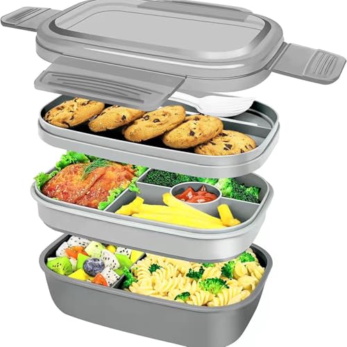 VINATO Bento Box 1900ml Lunchbox Erwachsene Mit Besteck Für Büro Schule Und Unterwegs Als Brotdose Mit Fächern In 3 Ebenen BPA Frei, Grau von VINATO