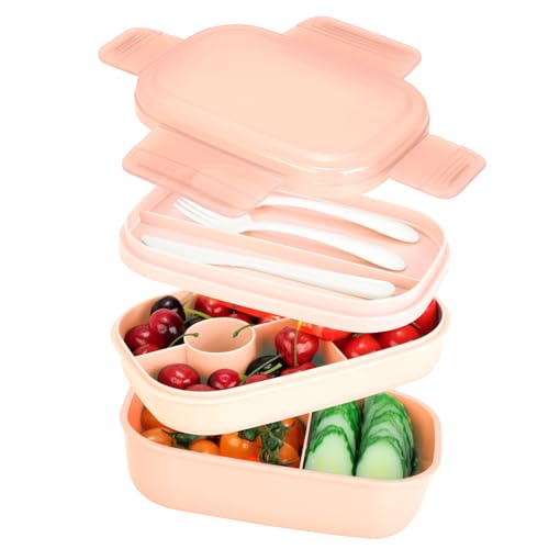 VINATO Bento Box 1900ml Lunchbox Erwachsene Mit Besteck Für Büro Schule Und Unterwegs Als Brotdose Mit Fächern In 3 Ebenen BPA Frei, Pink von VINATO