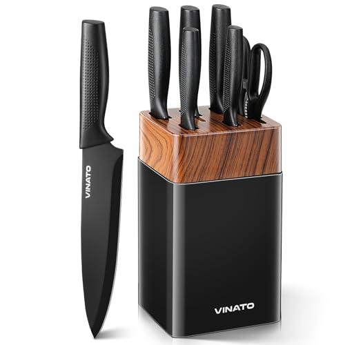 VINATO Messerblock, 7 Teiliges Messerset mit Block und Integriertem Messerschärfer, Messerblock mit 5 Verschiedenen Messern und 1 Schere, Scharfes Messerset, Schwarz von VINATO