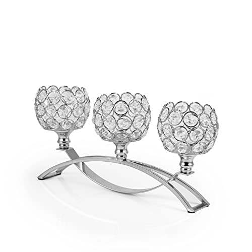 VINCIGANT Kristall-Kerzenhalter mit 3 Armen, Bogen-Kristall-Teelichthalter, Tisch-Kandelaber, Tafelaufsätze für Hochzeit, Kerzenlicht, Abendessen, dekoratives Wohnaccessoire, Silber von VINCIGANT