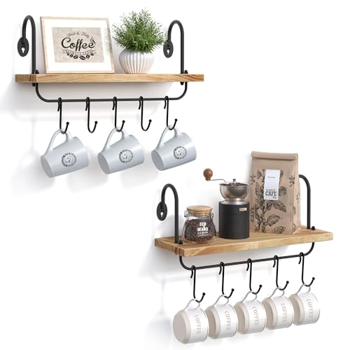 VINCOURNA 2er-Set Küchen Organizer Wandregal Mit 10 Einstellbar Tassenregal Haken,Küchenregal Wandbrett Tassenhalter Regal Zum Holz Schwebendes Tassenständer Wand Schweberegale-Karbonisiertes Schwarz von VINCOURNA