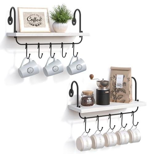 VINCOURNA 2er-Set Tassenregal Für Coffee Station, Küchen Wandregal Mit 10 Einstellbar Tassenhalter, Küchenregal Wandbrett Tassenständer Regal Zum Holz Schwebendes Kaffee Organizer Schweberegale-Weiß von VINCOURNA