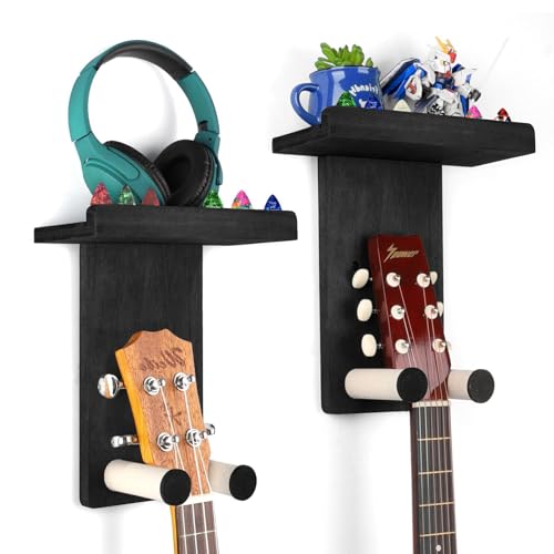 VINCOURNA Gitarrenständer Holz mit Regal, 2er-Pack Gitarrenhalter für die Wand Gitarren Wandhalterung Gitarre Guitar Stand für Akustikgitarre Bass e Gitarre Ukulele Ständer Zubehör schwarz von VINCOURNA