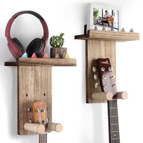 VINCOURNA Gitarrenständer Holz mit Regal,2er-Pack Gitarrenhalter für die Wand Gitarren Wandhalterung Gitarre Guitar Stand für Akustikgitarre Bass e Gitarre Ukulele Ständer Zubehör karbonisiert schwarz von VINCOURNA
