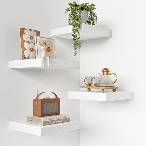 VINCOURNA 4er-Set Eck Wandregal, 25x25x3.8CM Rustikal Regalbrett Holz, Wandbrett, Regalboden zum Aufhängen, Schweberegal für Bad, Badezimmer, Küche, Büro, Kinderzimmer, Wohnzimmer - Weiß von VINCOURNA