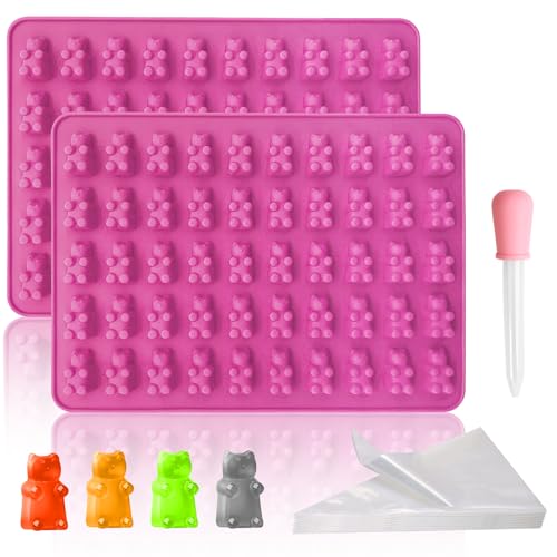 VINEST 2 Stück Gummibärchen Form Silikon Set, Lila Silikonform Gummibärchen, DIY Gummibärchen Selber Machen mit Tropfer und Dreieckstasche, Schokoladenform Silikon für Kekse Gelee Süßigkeiten von VINEST