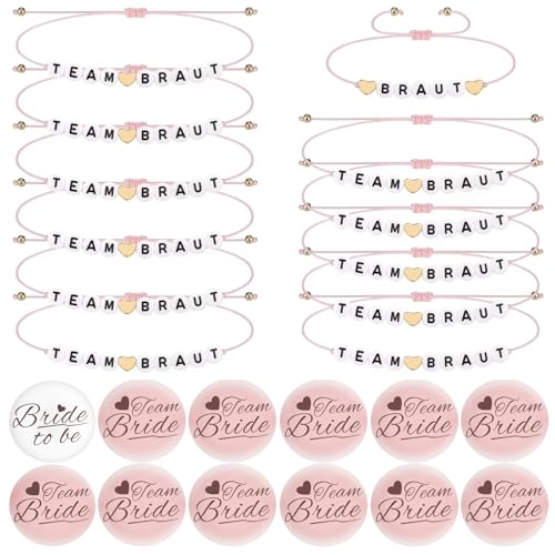 VINEST 12Sets JGA Accessoires Frauen, Junggesellenabschied Frauen Abzeichen Set, Einstellbar Hand Flechten Team Bride Armbänder, Herzförmig Brief Team Braut Armbänder, JGA Deko für Hochzeit von VINEST