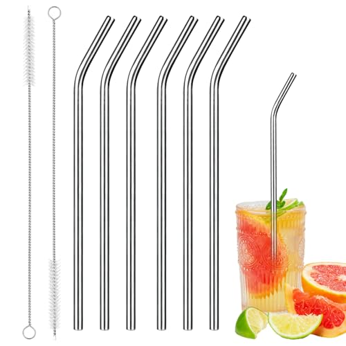 VINEST 6 Stück Strohhalme Edelstahl 304, Strohhalm Wiederverwendbar mit 2 Reinigungsbürsten, Metall Trinkhalme Edelstahl, Spülmaschinenfest Strohhalme für Cocktails Smoothie Säfte (Gebogen) von VINEST