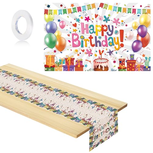 VINEST Bunt Tischläufer Geburtstag, 33×183cm Polyester Tischdecke Geburtstag Mädchen Jungen Happy Birthday Deko, Waschbar Geburtstagstischdecke Deko Geburtstag mit Banner, für Geburtstagsdeko von VINEST