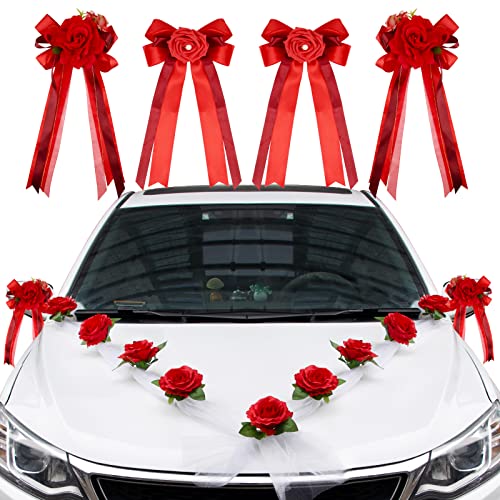 VINFUTUR Hochzeit Autoschmuck Auto Deko Rosen Künstlich Blumen Rosen Autoschleifen Wedding Car Deco für Hochzeitsdeko Hochzeitsauto Deko von VINFUTUR