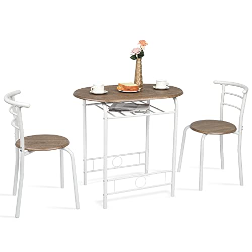 VINGLI 3-teiliges Esszimmer-Set, kleines Küchentisch-Set für 2 Personen, Frühstückstisch, Küchentisch und 2 Stühle für kleine Räume/Esszimmer/Wohnung, Metallrahmen, Weinregal, Weiß und warme Eiche von VINGLI