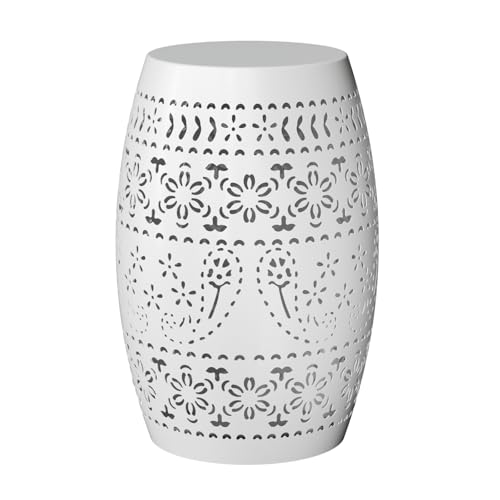 VINGLI Beistelltisch aus Eisen für den Außenbereich, Terrassen-Beistelltisch, rostfreies Metall, rund, Trommel, Gartenhocker, Pflanzenständer, Eisen-Akzenttisch für Terrasse, Veranda, Wohnzimmer (weiß von VINGLI