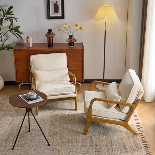 VINGLI Chenille Mid-Century Moderner Akzentstuhl, 2er-Set, niedlicher Lesesessel mit Kissen & Lendenkissen & Massivholzrahmen für Lounge, Wohnzimmer, Lesezimmer, Schlafzimmer, cremefarben von VINGLI